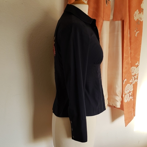 Talbots Button Down Navy Blue Blouse with Roses 4P - Picture 4 of 11